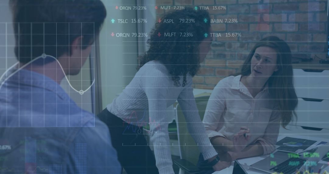 Team Collaborating on Financial Data with Digital Overlay