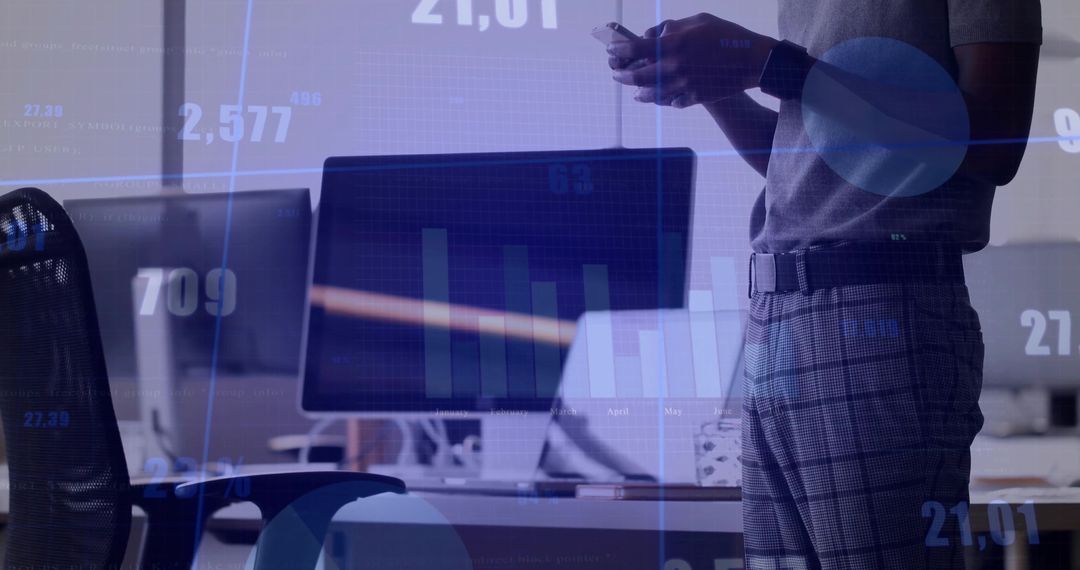 Businessman Using Smartphone with Digital Analytics Overlay