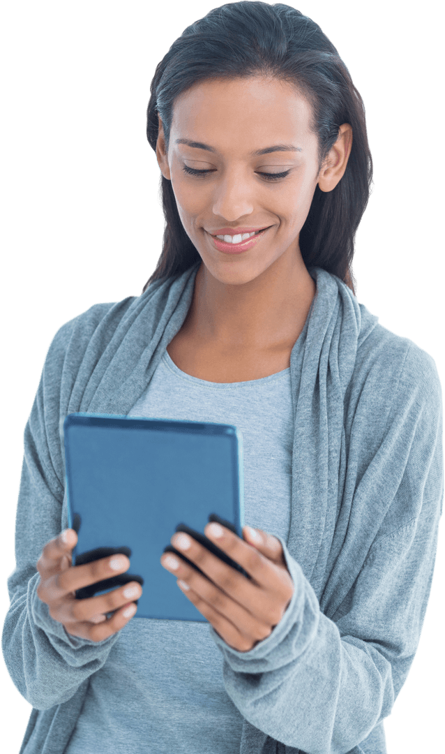 Transparent Smiling Woman Holding Tablet Device Business Setting