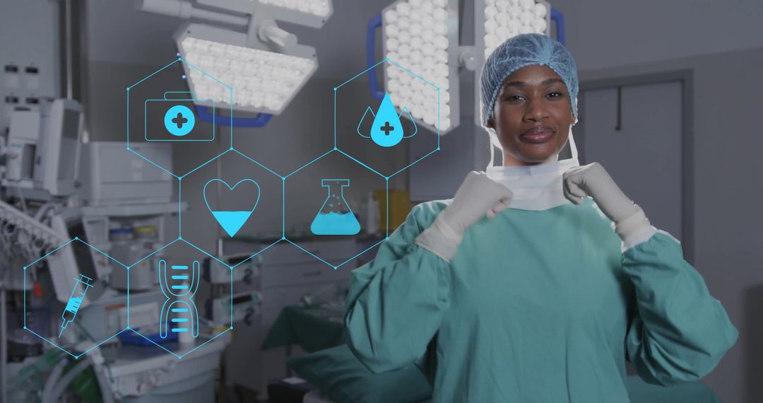 Confident Surgeon in Operating Room with Medical Technology Overlay