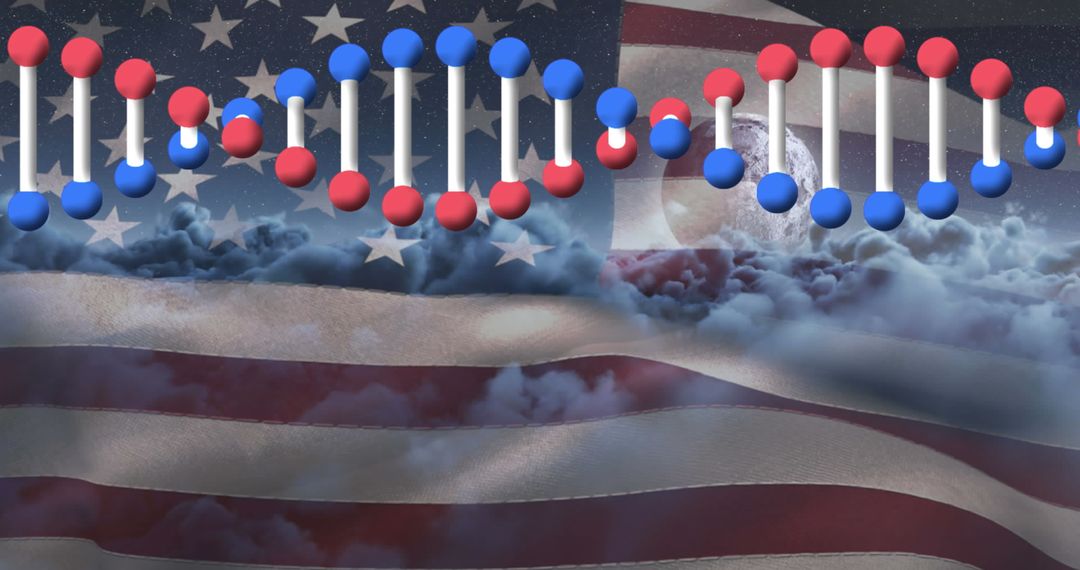 DNA Overlay on American Flag with Clouds in Background