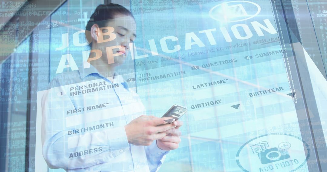 Professional Reviewing Digital Job Application on Smartphone with Code Overlay