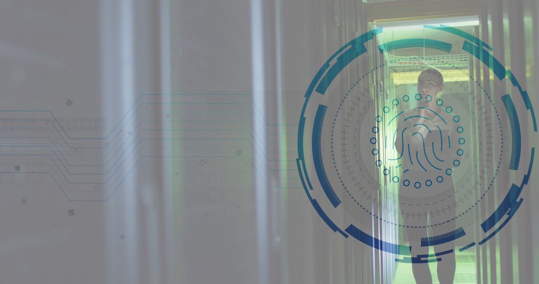 Engineer Working in Server Room with Cyber Security Overlays