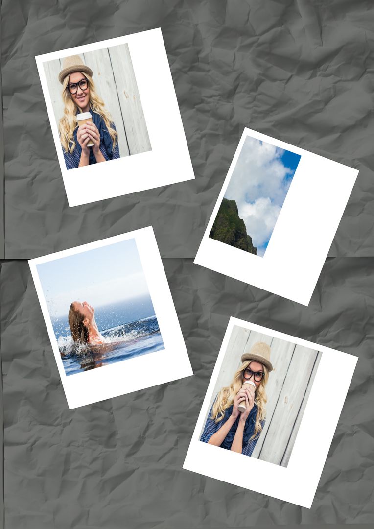 Polaroid Photo Collage on Crumpled Paper Background
