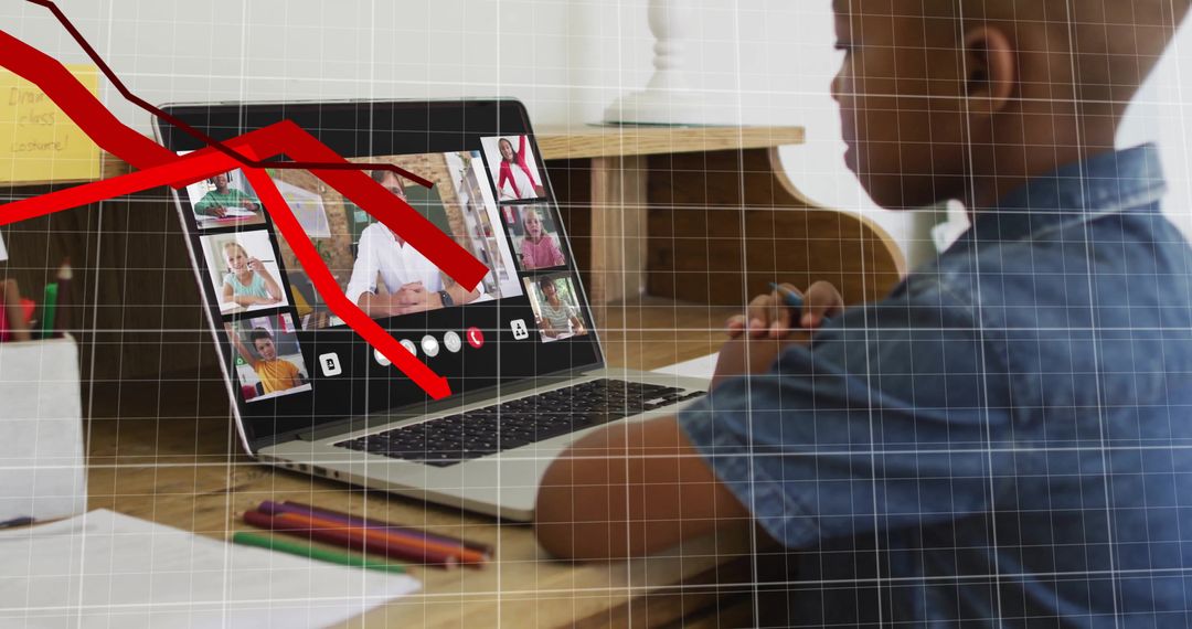 Child Engaging in Virtual Classroom with Diverse Group on Laptop