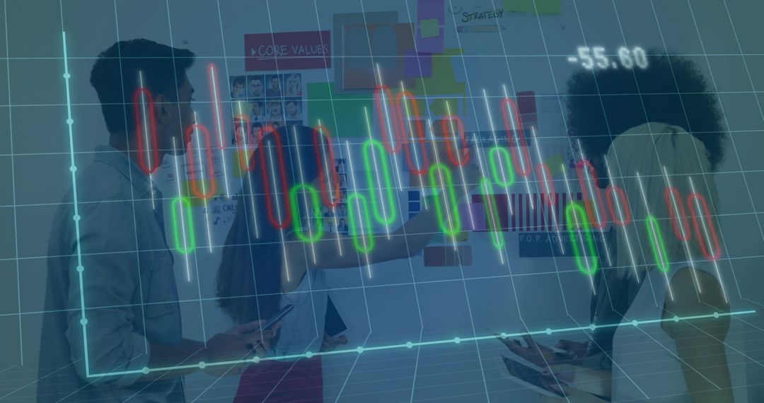 Team Collaboration on Business Strategy with Data Visualization Overlay
