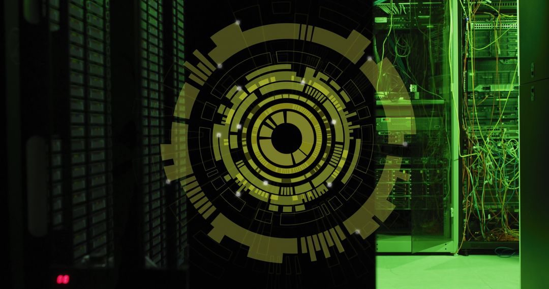 Digital Interface Overlay on Server Room Technology Concept