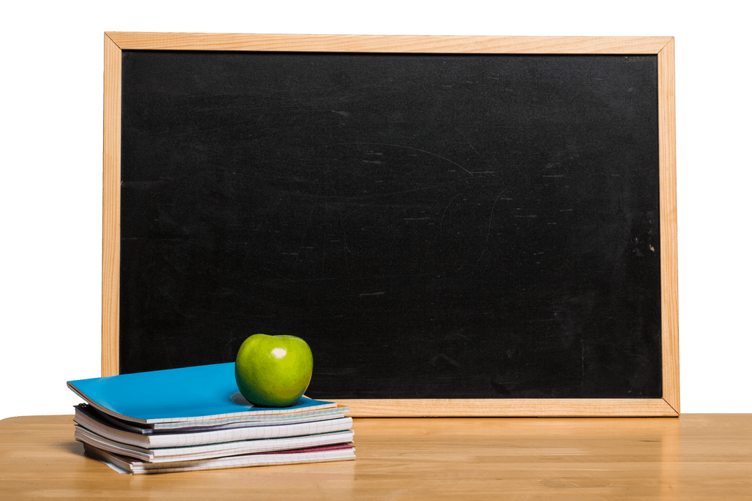 Blackboard Mockup with Notebooks and Green Apple on Transparent Background