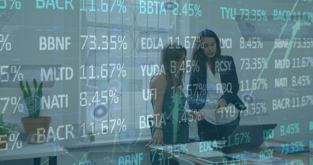 Financial Data Overlay with Businesswomen in Office Setting