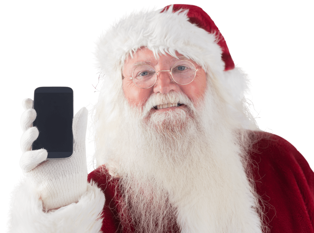 Santa Claus Holding Smartphone with Transparent Background