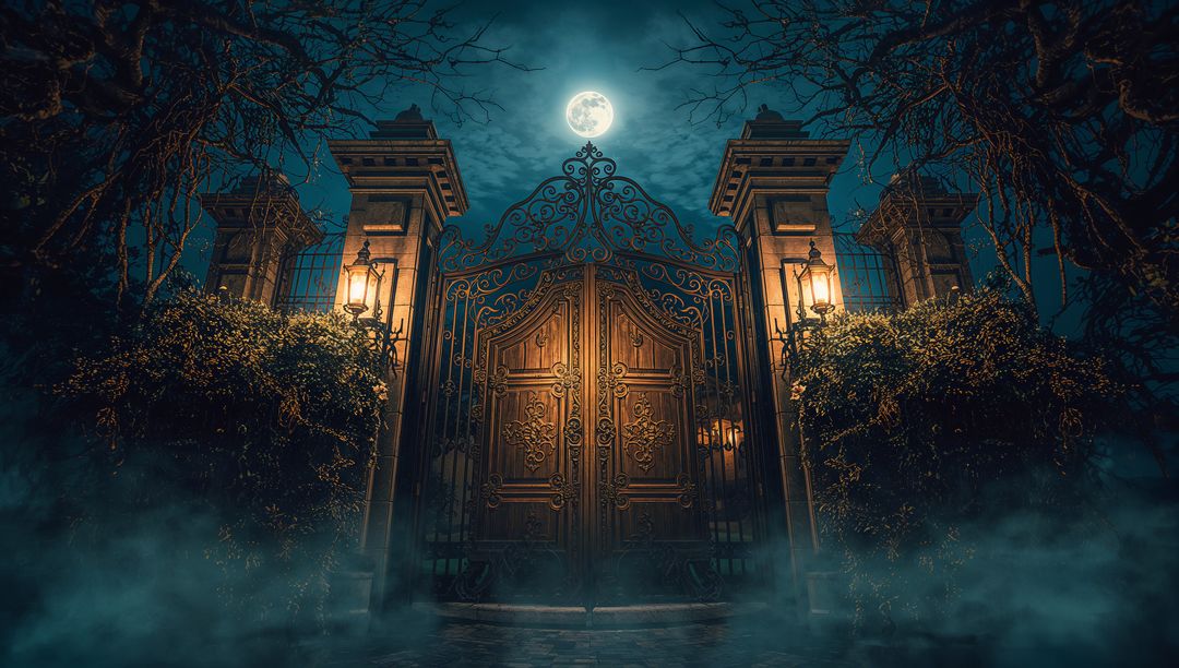 Mysterious Moonlit Estate Gate with Gothic Lanterns