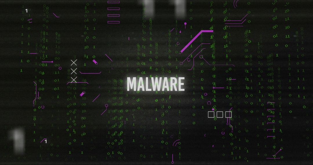 Glitch effect and binary code overlaid on malware text