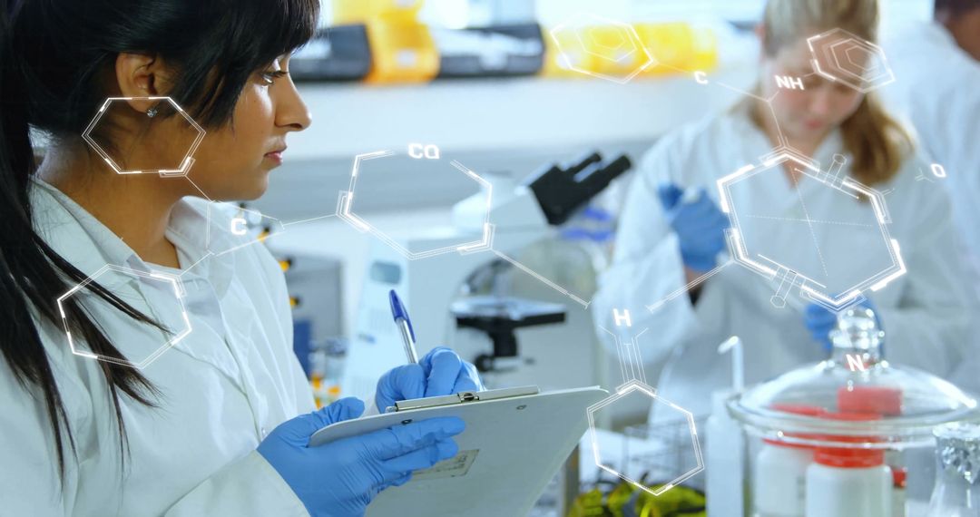 Scientists Analyzing Data in Modern Laboratory with Graphics Overlay