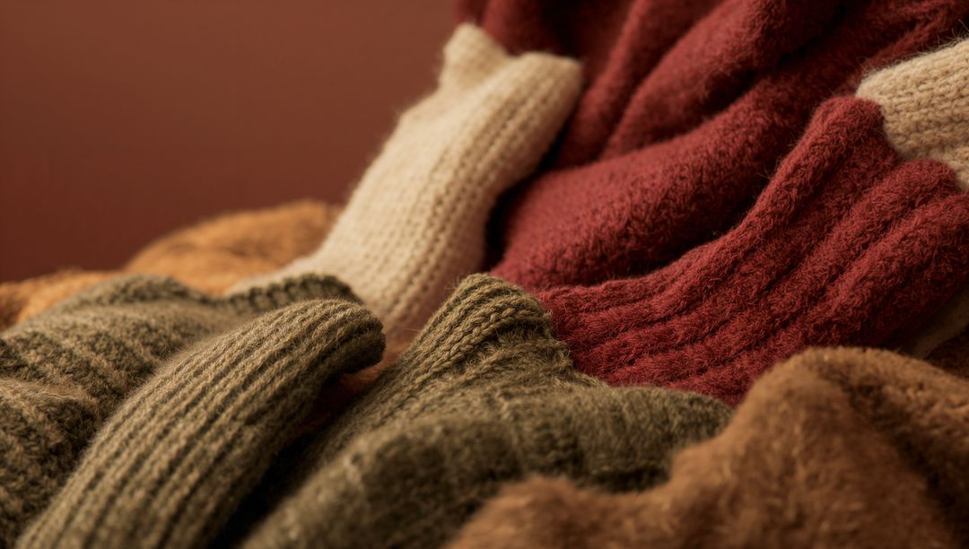 Cozy chunky knitwear collection on plush throw featuring ribbed red sweater and mittens