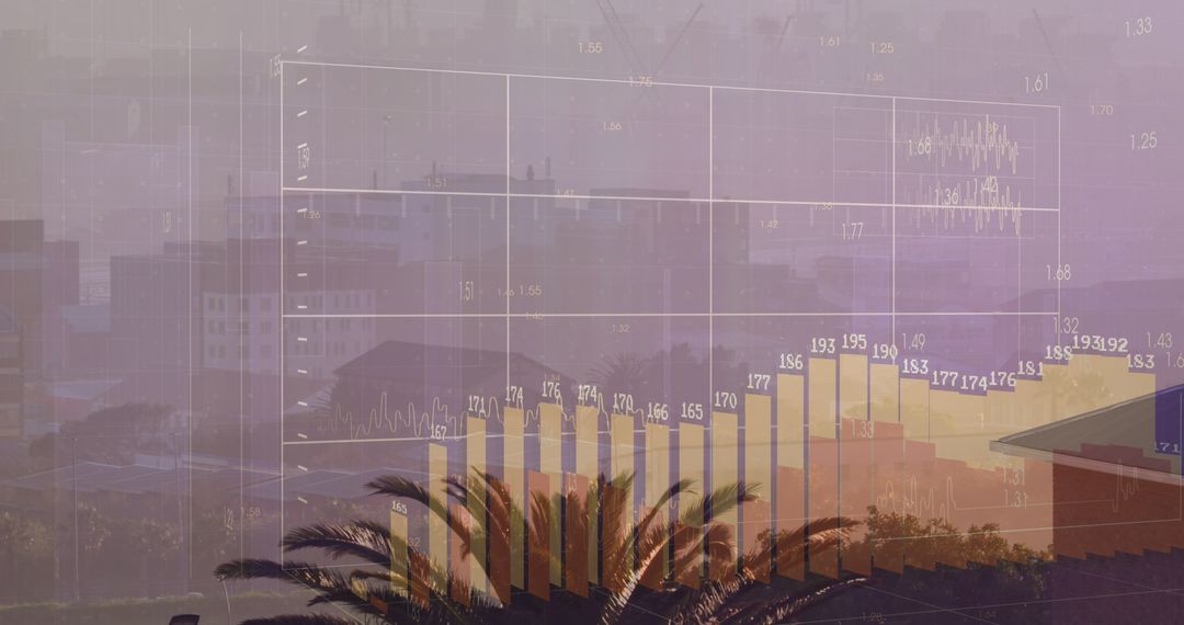 Financial Data Overlay on Vibrant Cityscape Background