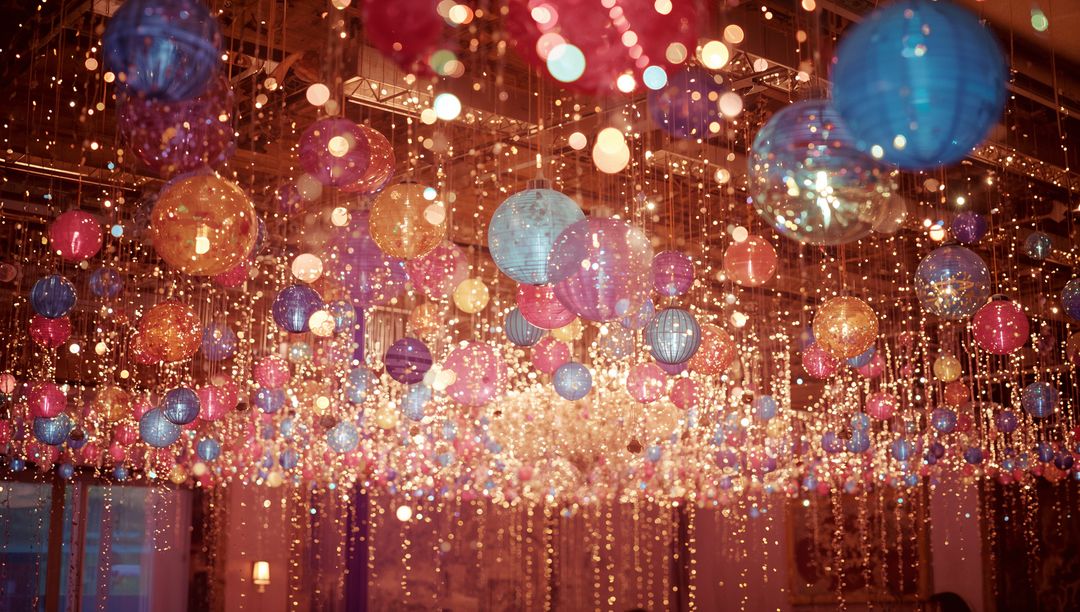 Colorful Paper Lanterns with String Lights at Festive Event