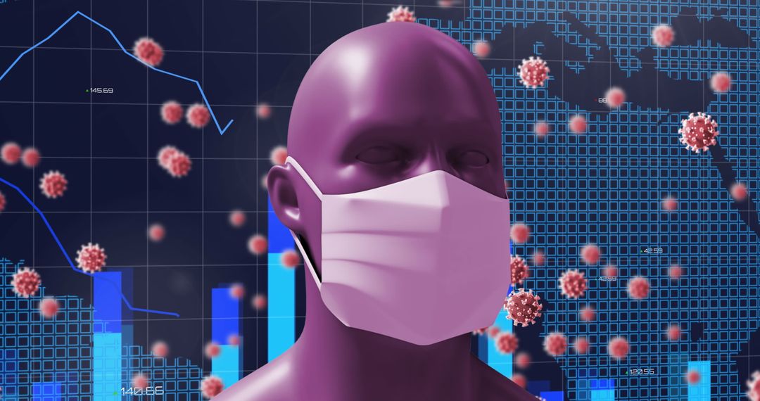Digital Illustration of Masked Figure Amid Pandemic Data and Virus Elements