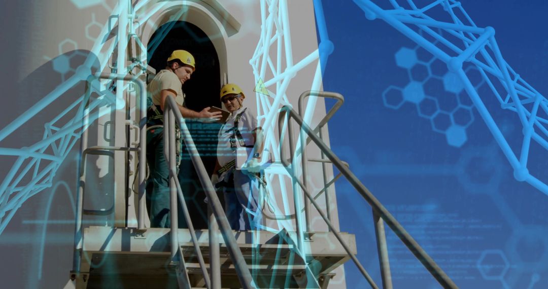 Technicians Analyzing Data on Aerospace Equipment with Digital Overlay