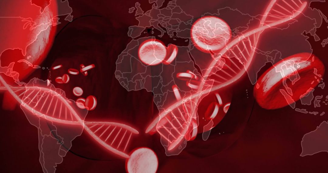 Futuristic Visualization of DNA Helix and Blood Cells on World Map