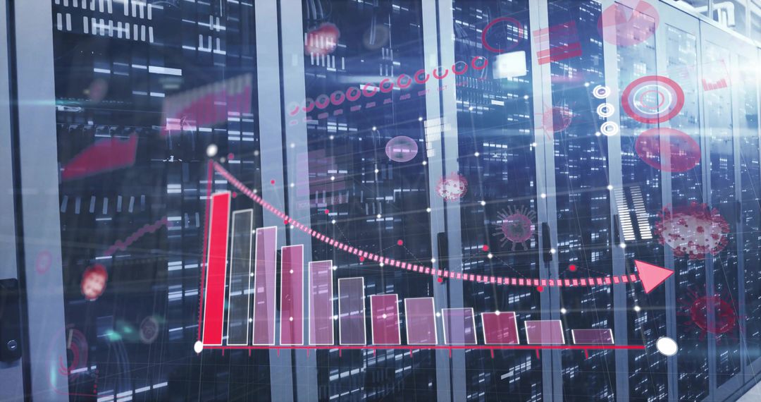 Digital Data Center with Declining Bar Chart and Virus Elements
