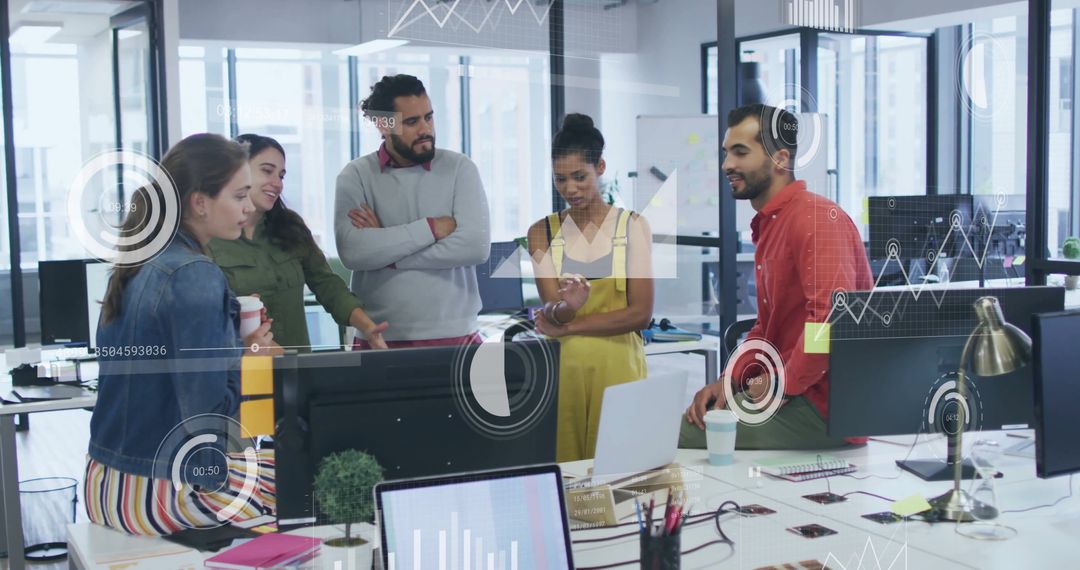 Diverse Team Collaborating with Financial Analytics Overlay in Modern Office