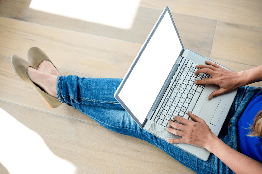 Woman Sitting On Floor Working With Laptop Transparent Background