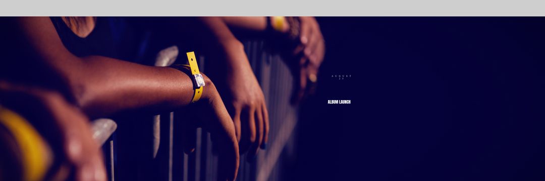 Concert Audience Hands on Barrier with Album Launch Text