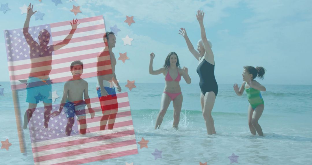Family Enjoying Beach Day with American Pride Theme