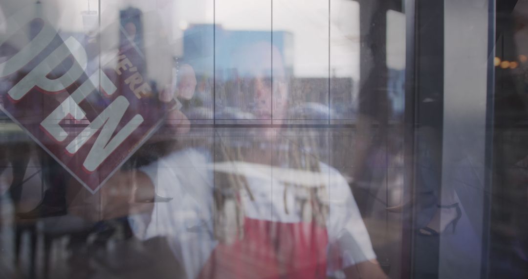 Reflective Urban Cafe Worker With Abstract Digital Overlay