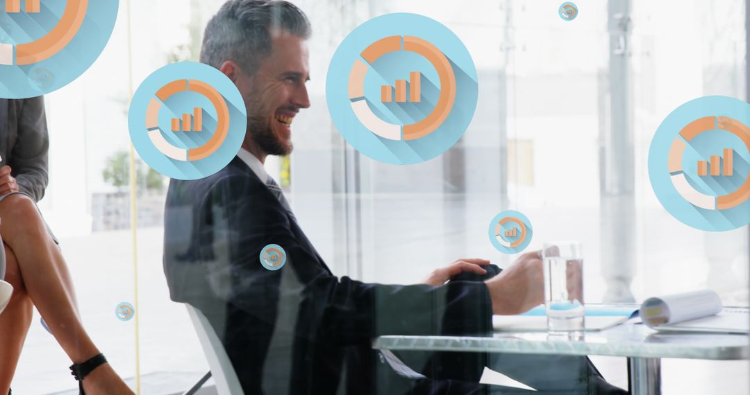 Business Professional Analyzing Digital Data Icons in Modern Office