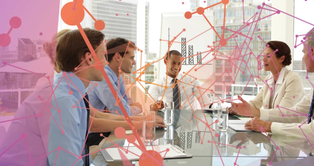 Business leaders collaborating over data visualization overlay in modern glass boardroom