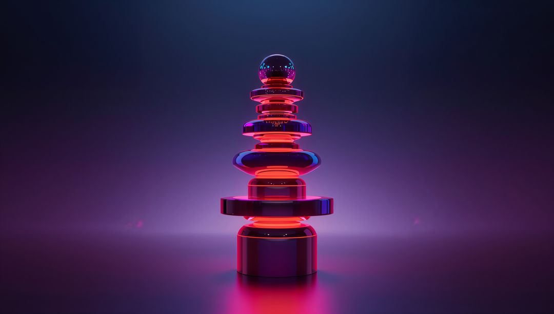 Glowing Neon Sculpture Stacked Disks and Sphere Reflecting in Magenta Blue Light