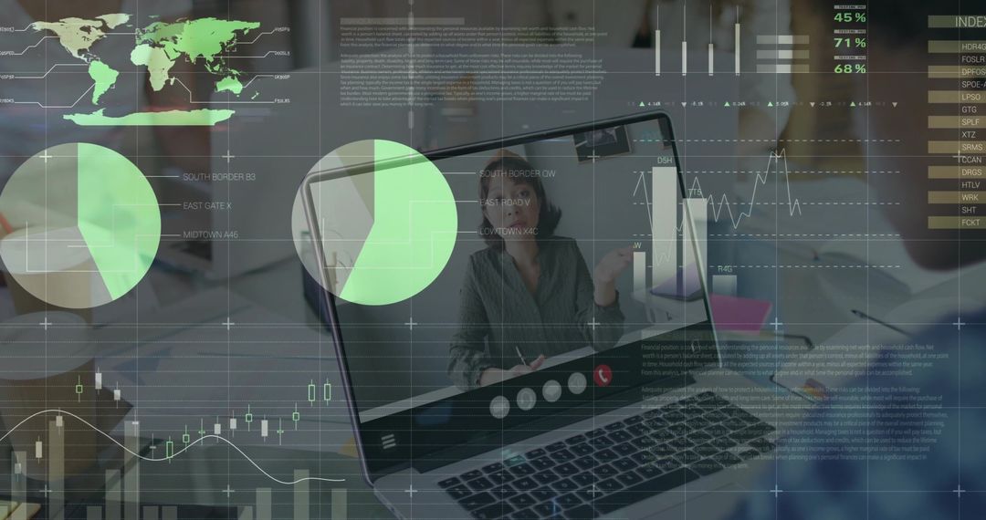 Businesswoman Engaging in Video Call with Data Visualization Elements