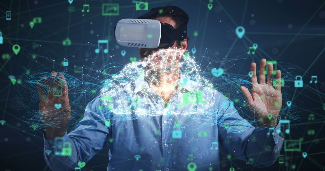 Image of digital interface with icons and network of connections with man wearing VR headset - Free Images, Stock Photos and Pictures on Pikwizard.com