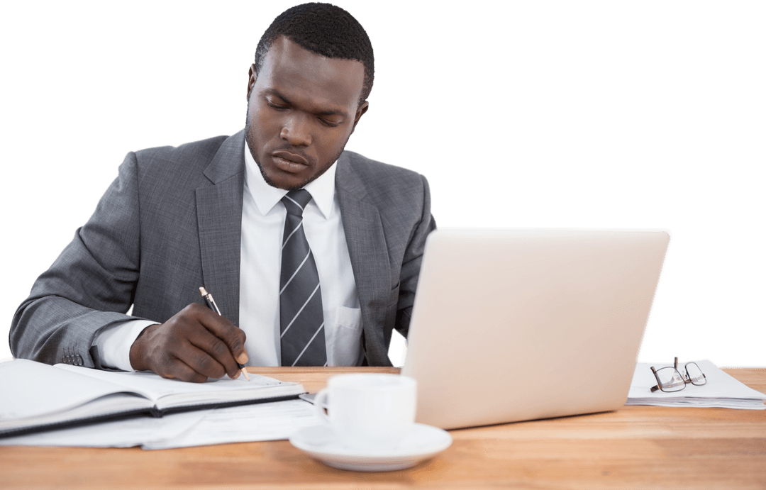Focused Businessman Writing at Desk with Transparent Background