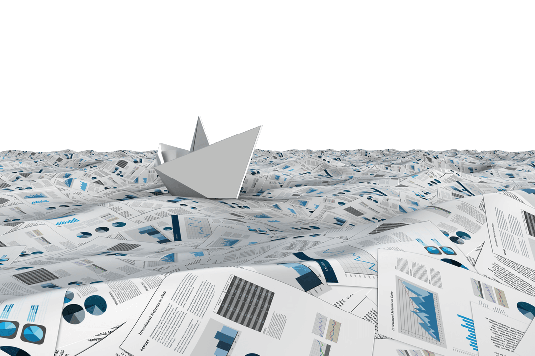 Paper Boat on Floating Sea of Transparent Business Documents