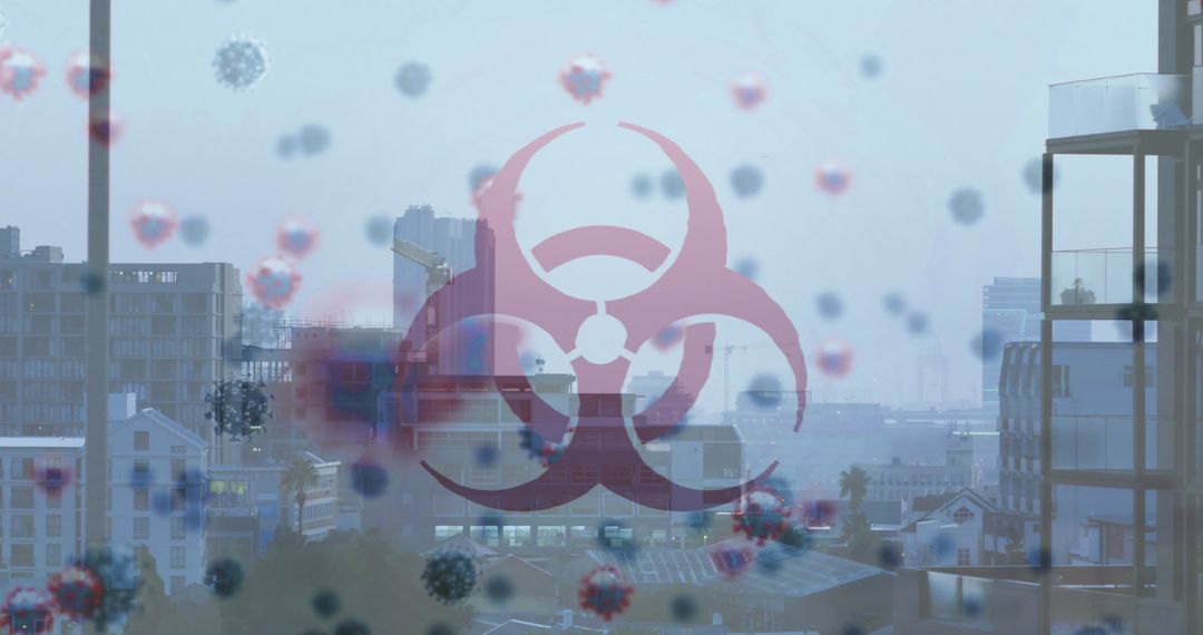 Urban Scene with Overlapping Biohazard Symbol and Virus Particles