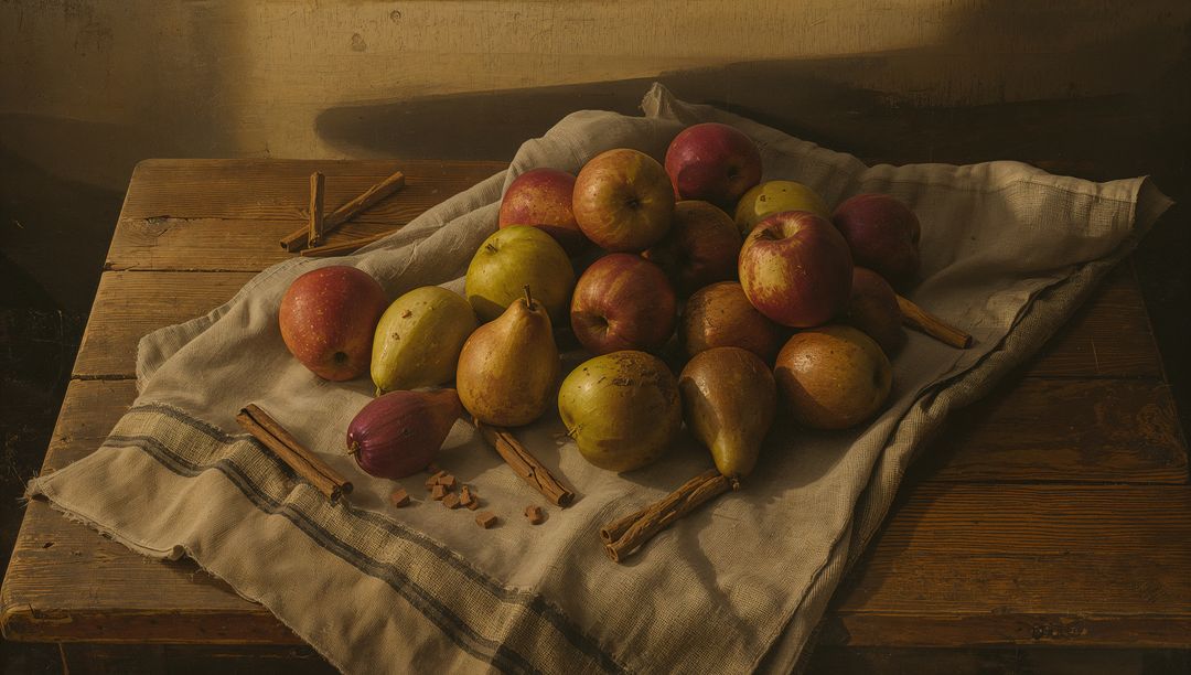 Rustic Autumn Still Life with Apples, Pears, and Cinnamon