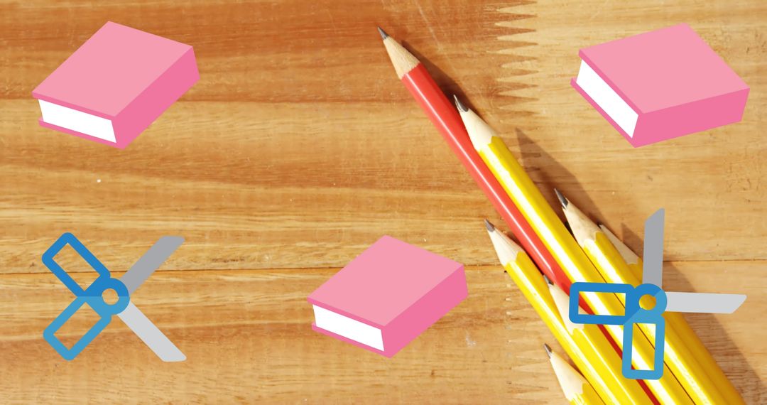 Colorful Stationery on Wooden Desk Background