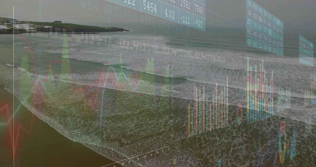 Ocean Waves with Financial Data Overlay Representing Modern Analytics