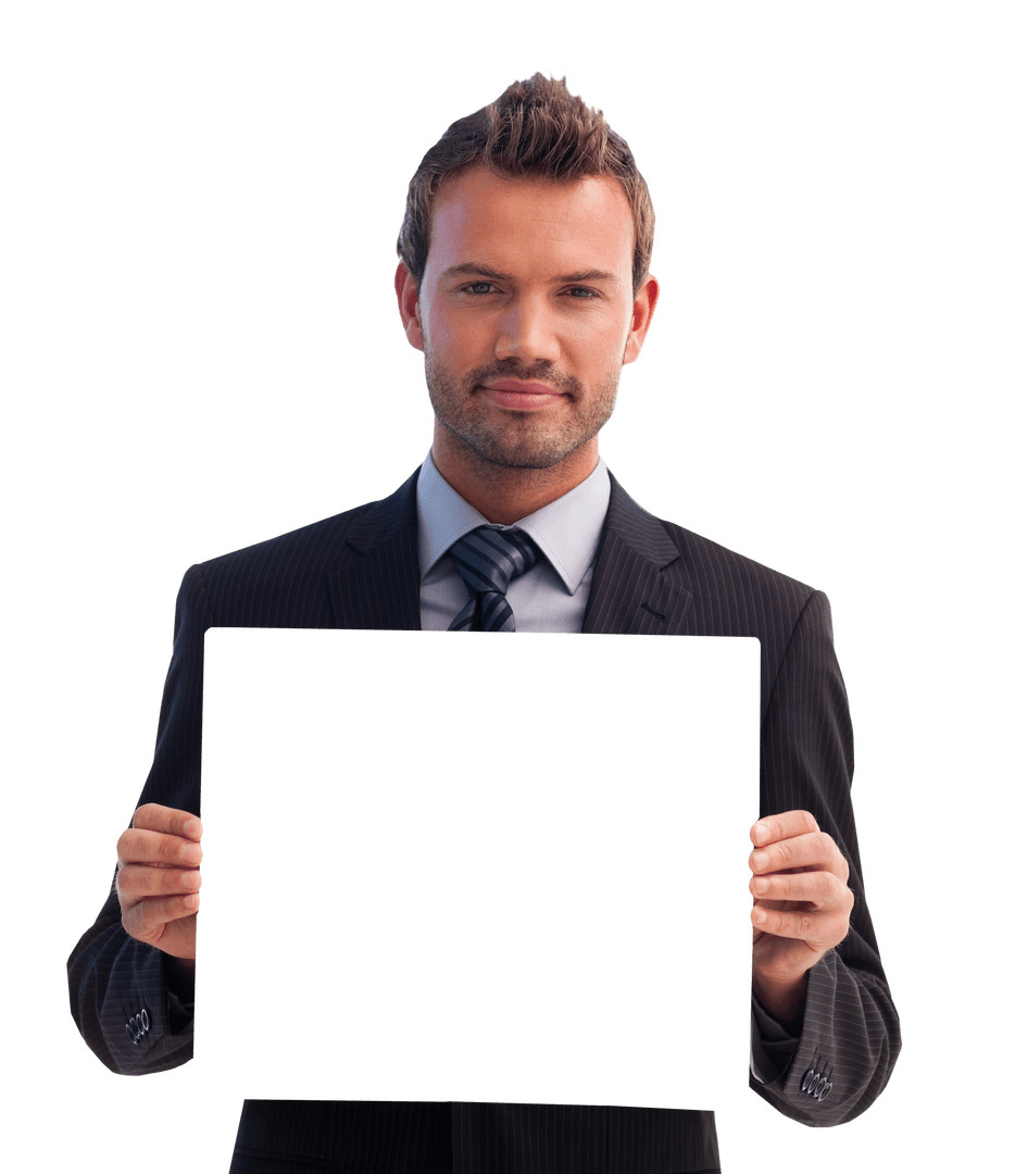 Businessman Holding Transparent Blank Card for Advertisement