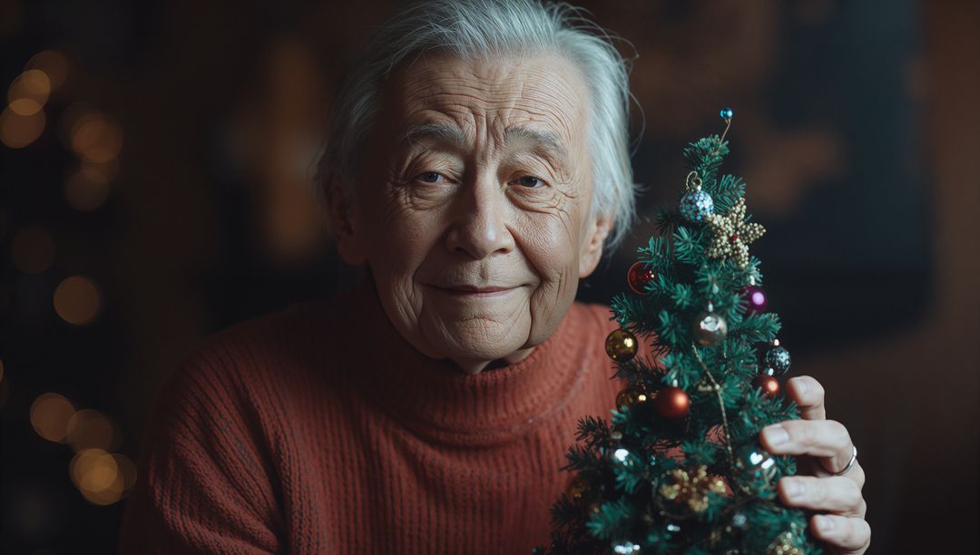 Senior Woman Holding Tabletop Christmas Tree in Cozy Home Setting
