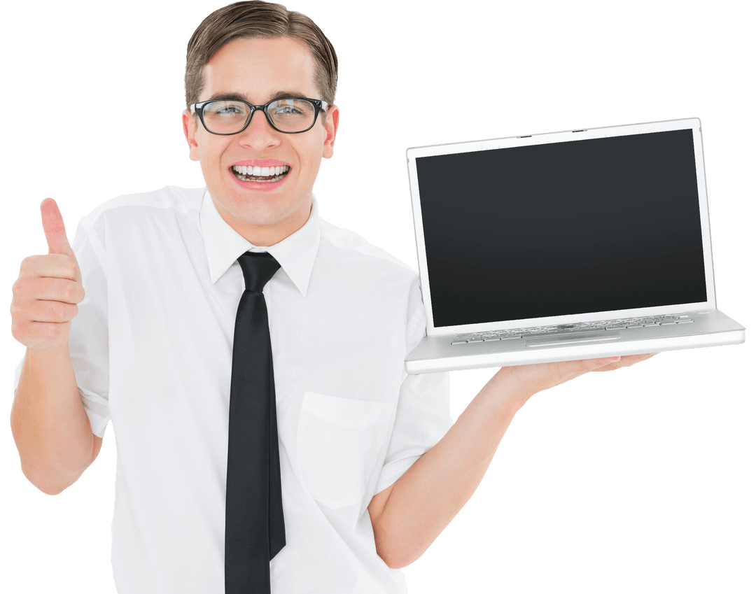 Transparent Geeky Businessman Smiling with Laptop and Thumbs Up