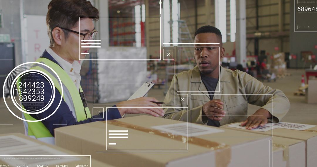 Warehouse team using AR HUD and barcode scanning for package inspection and shipping
