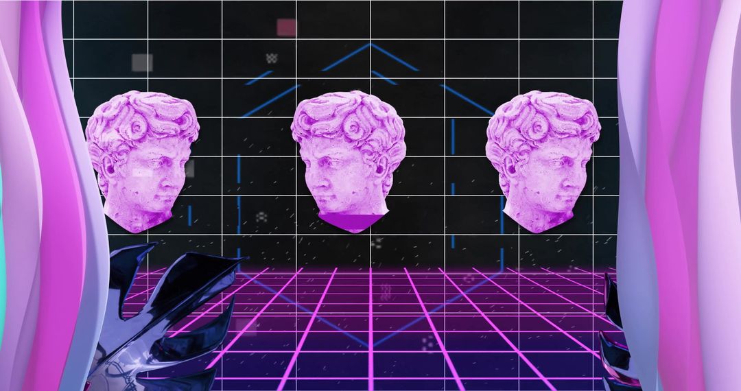 Surreal Digital Art with Classical Sculptures in Purple
