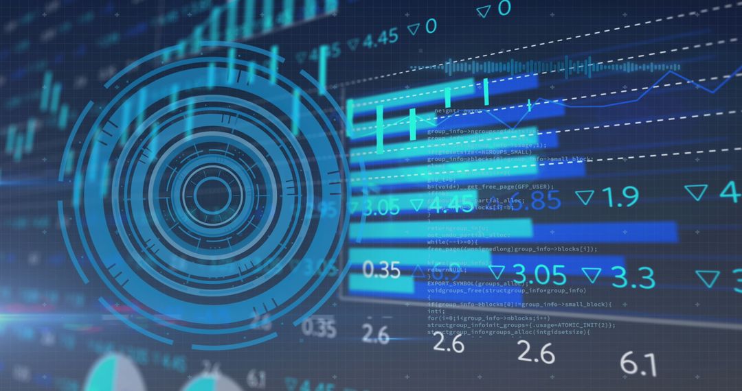 Futuristic Digital Analytics with Circular HUD and Bar Charts