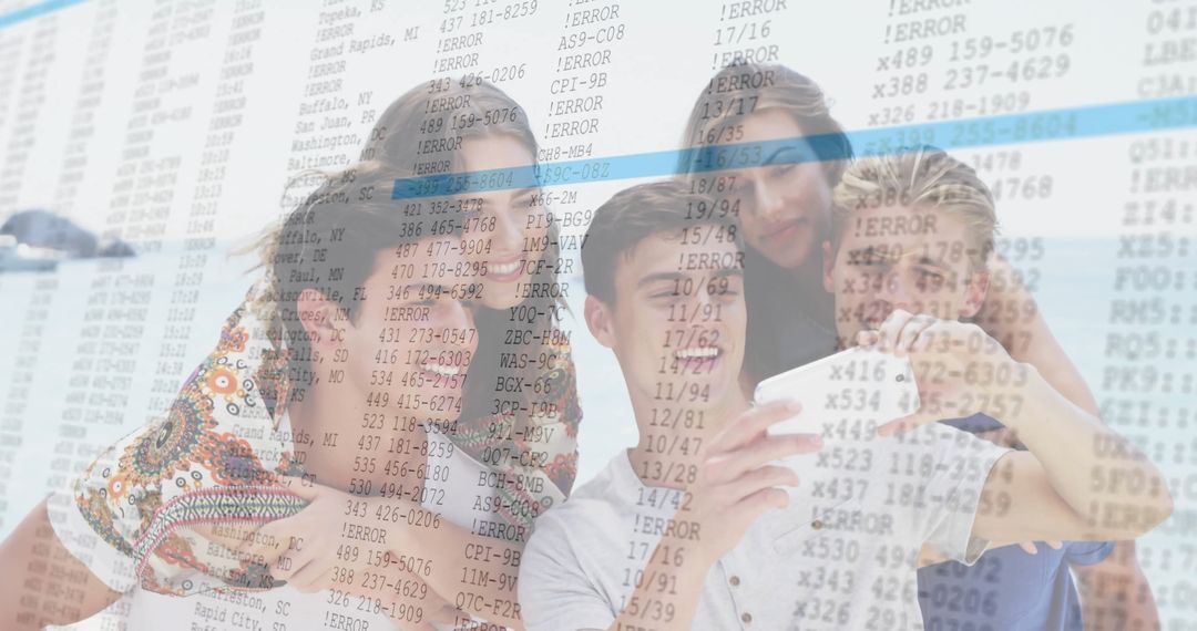 Friends Taking Happy Beach Selfie Over Digital Data Overlay