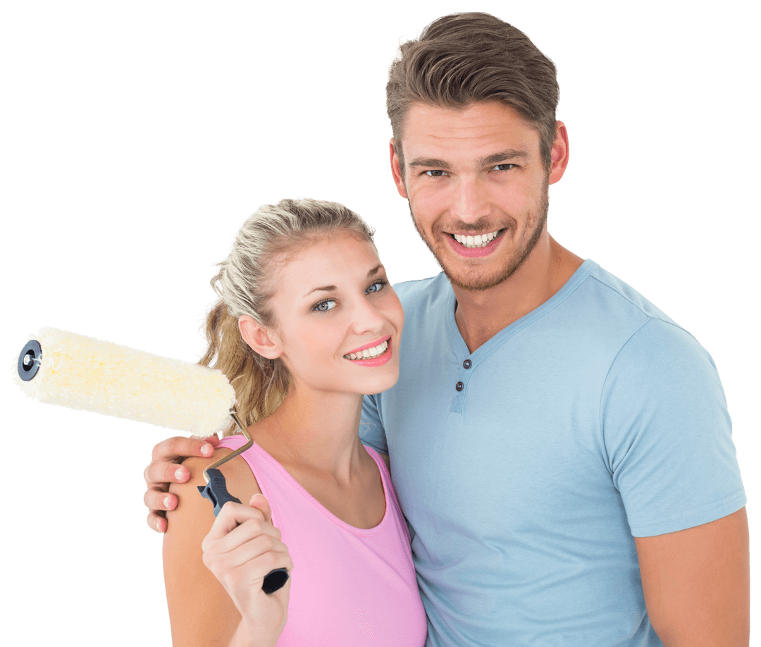 Young Couple Hugging Holding Paint Roller on Transparent Background
