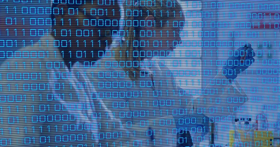 Consulting medical staff holding tablet with binary data overlay and lab vial