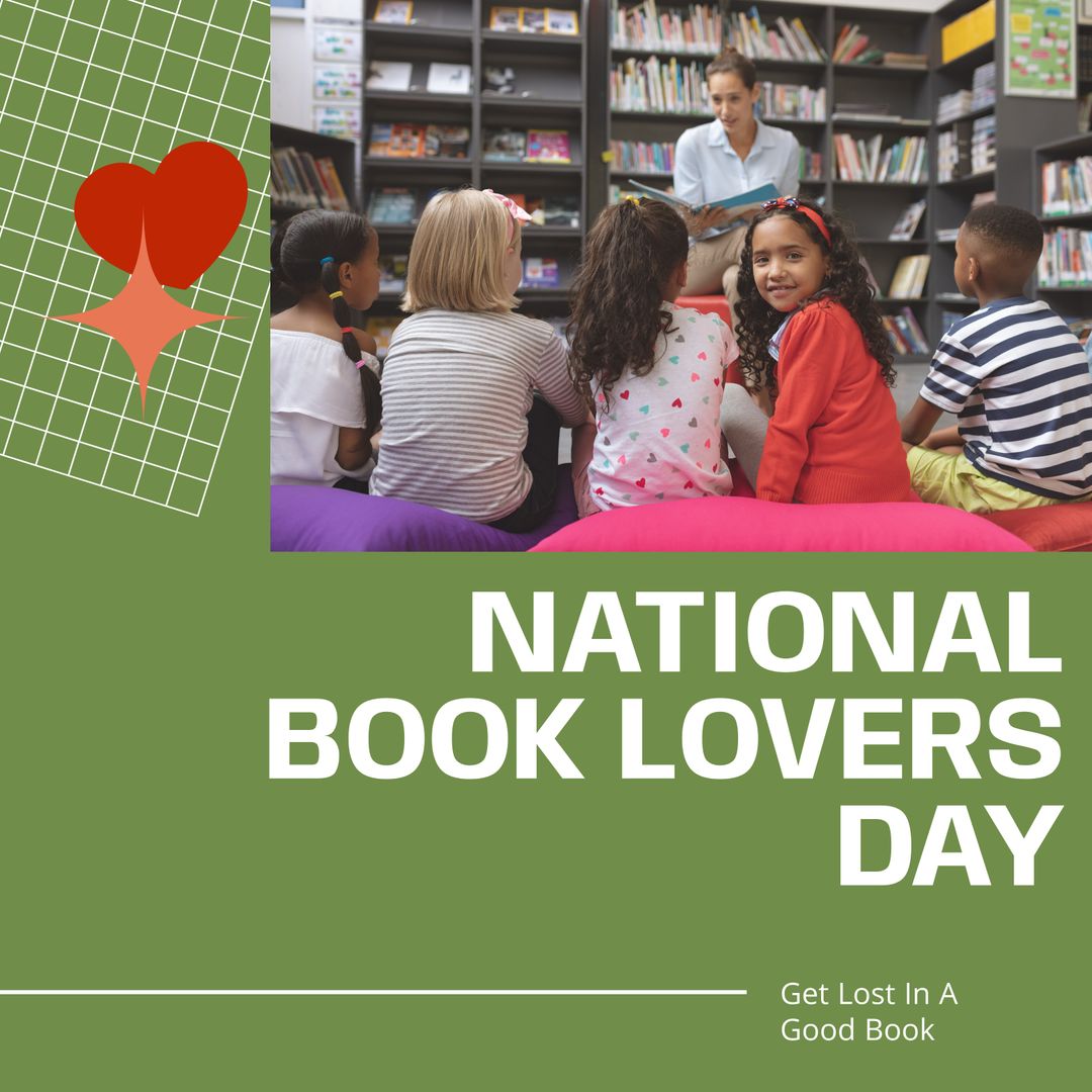 National Book Lovers Day with Teacher Reading to Children in Library